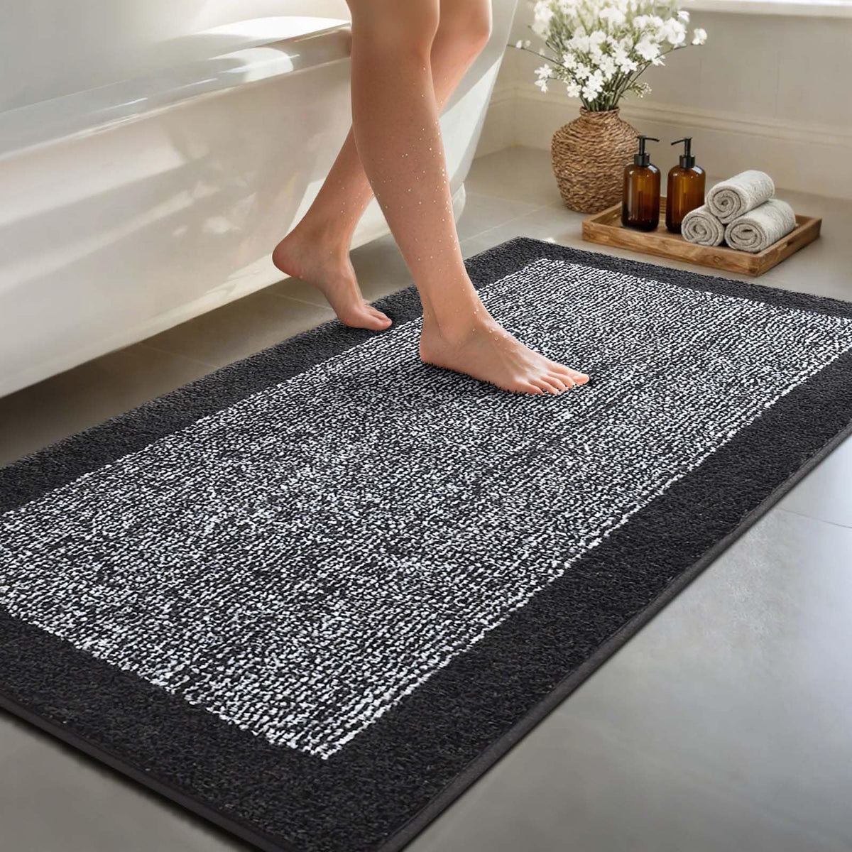 Long 2x4 Ft (48''x24'') Bathroom Rugs, Non Slip Washable Bath Mat Grey
