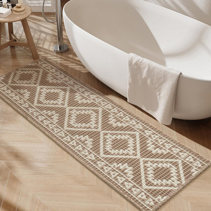 PADOOR-Waffle Bath Mat-Super Absorbent Bath Mats for Bathroom, Machine Washable Non Slip Bathroom Rug with Tassels, Soft Bathroom Mat for Laundry Room, Bedroom, Brown & Cream, 17"x28"