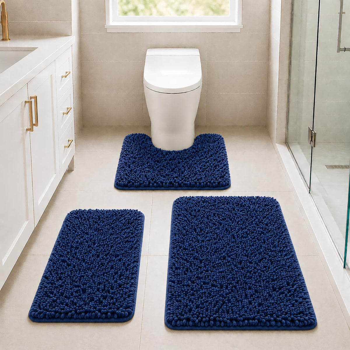 Bathroom Rugs Set Non Slip 3 Piece Bath Mat Washable Chenille Bath Rugs with PVC Backing Bath Carpet,Absorbent Bathroom Mats with Toilet Rug,Bath Mats for Bathroom,Bedroom, Kitchen,Tub,Home Decor