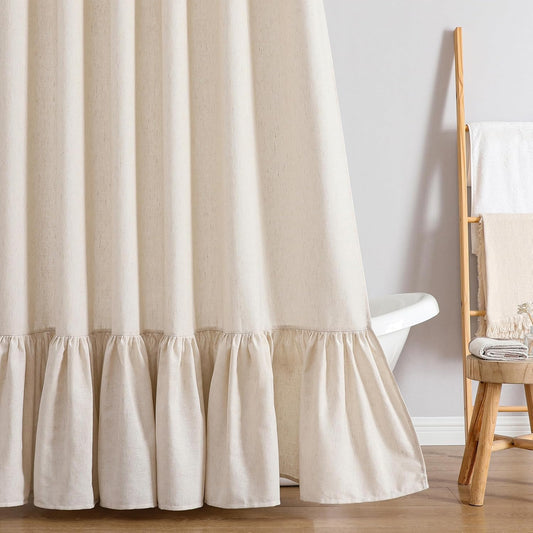 QiyI Boho Ruffle Shower Curtain, Linen Blend Fabric, Natural, 72 x 72