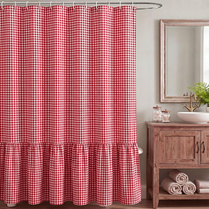 HunnmingRe Ruffle Hem Gingham Shower Curtain Sage Green