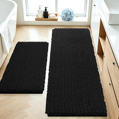 ACCUMTEK Upgrade Extra Large Black Bathroom Rug Set 3 Pieces Ultra Soft, Thick Absorbent Bath Mats, Non Slip Chenille Toilet Mat for Bathroom, Bedroom, Kitchen
