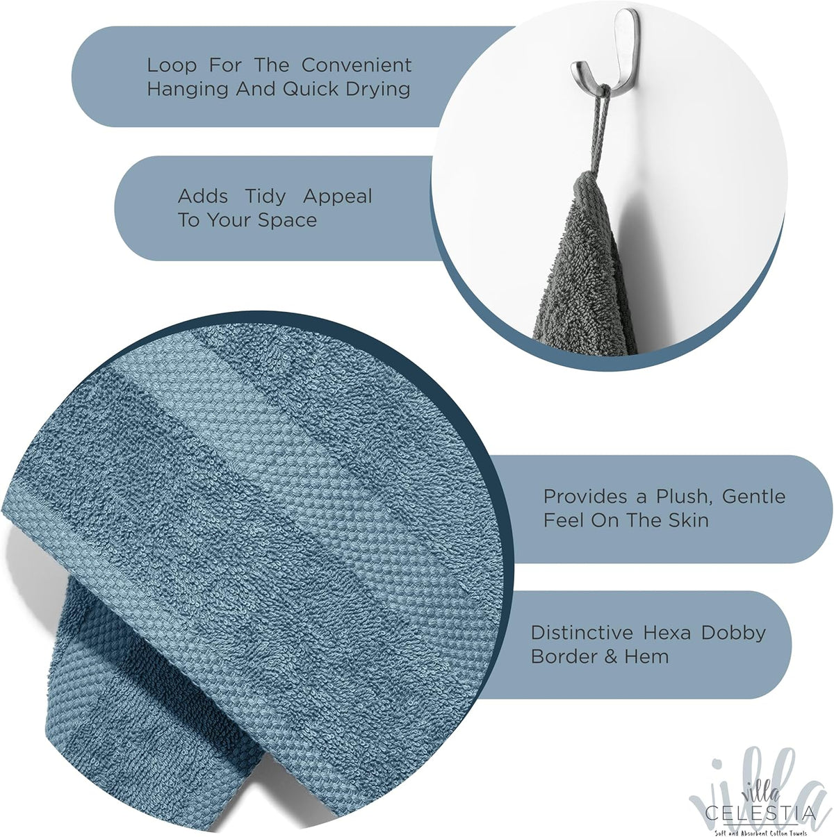 Villa Celestia 100% Cotton Bath Towel Set of 18-4 Bath Towels, 6 Hand Towels, 8 Wash Cloths, Sustainable, Soft, Highly Absorbent, Combed Cotton 18 Piece Set for Hotels, Spa, Bathroom, Dorm, Blue