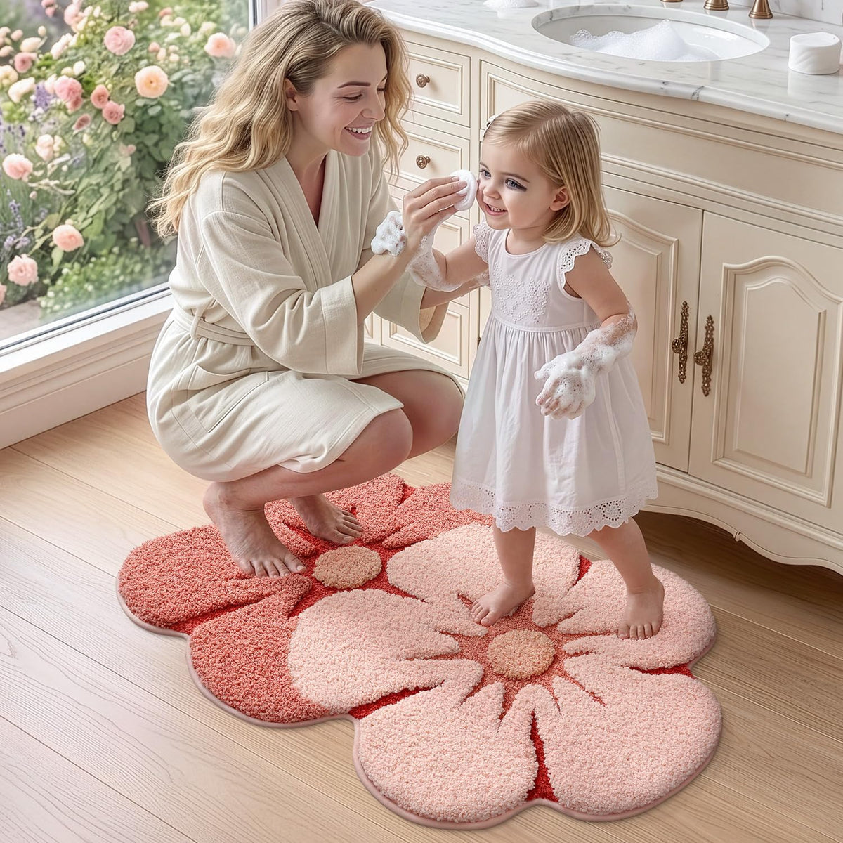 LUMI Flower Bathroom Rug, Absorbent Non Slip Bath Mat, 20"x32", Pink Flower