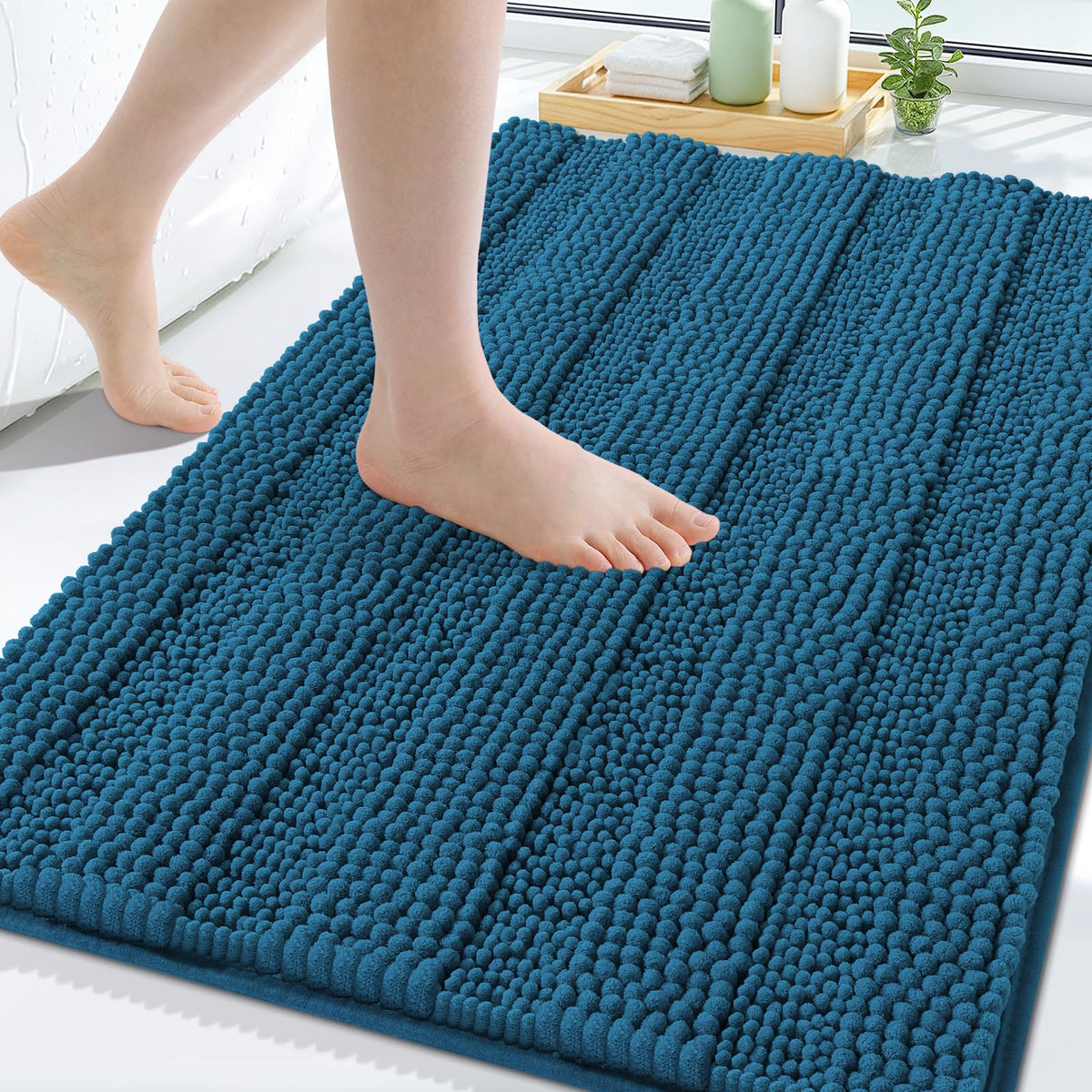 Grandaily Chenille Striped Bathroom Rugs 36x24, Extra Thick and Absorbent Bath Mats, Non-Slip Soft Plush Shaggy Shower Carpet, Machine Wash Dry, Bath Rug for Bathroom, (Large, Light Grey)