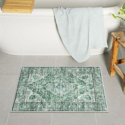 Uphome Boho Small Bath Mat, Distressed Farmhouse Light Khaki Bath Rugs, Comfy Velvet Bathroom Rugs Non Slip Washable, Vintage Oriental Toilet Rug for Sink Shower Vanity, 18x26 inch