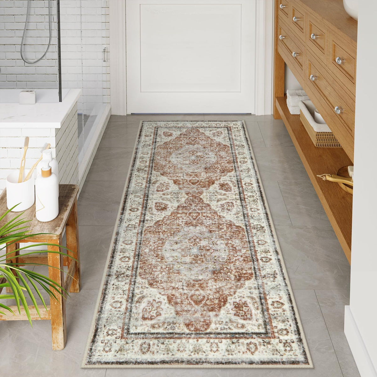 Uphome Boho Small Bath Mat, Distressed Farmhouse Light Khaki Bath Rugs, Comfy Velvet Bathroom Rugs Non Slip Washable, Vintage Oriental Toilet Rug for Sink Shower Vanity, 18x26 inch