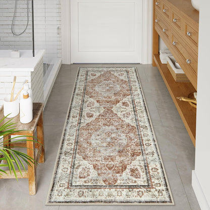 Uphome Boho Small Bath Mat, Distressed Farmhouse Light Khaki Bath Rugs, Comfy Velvet Bathroom Rugs Non Slip Washable, Vintage Oriental Toilet Rug for Sink Shower Vanity, 18x26 inch
