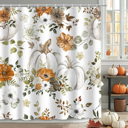 MEHOFOND Fall Pumpkin Shower Curtains for Bathroom Autumn Floral Shower Curtain Thanksgiving Day Shower Curtains for Bathroom Decor Washable Durable Fabric Curtains 72x72 inch