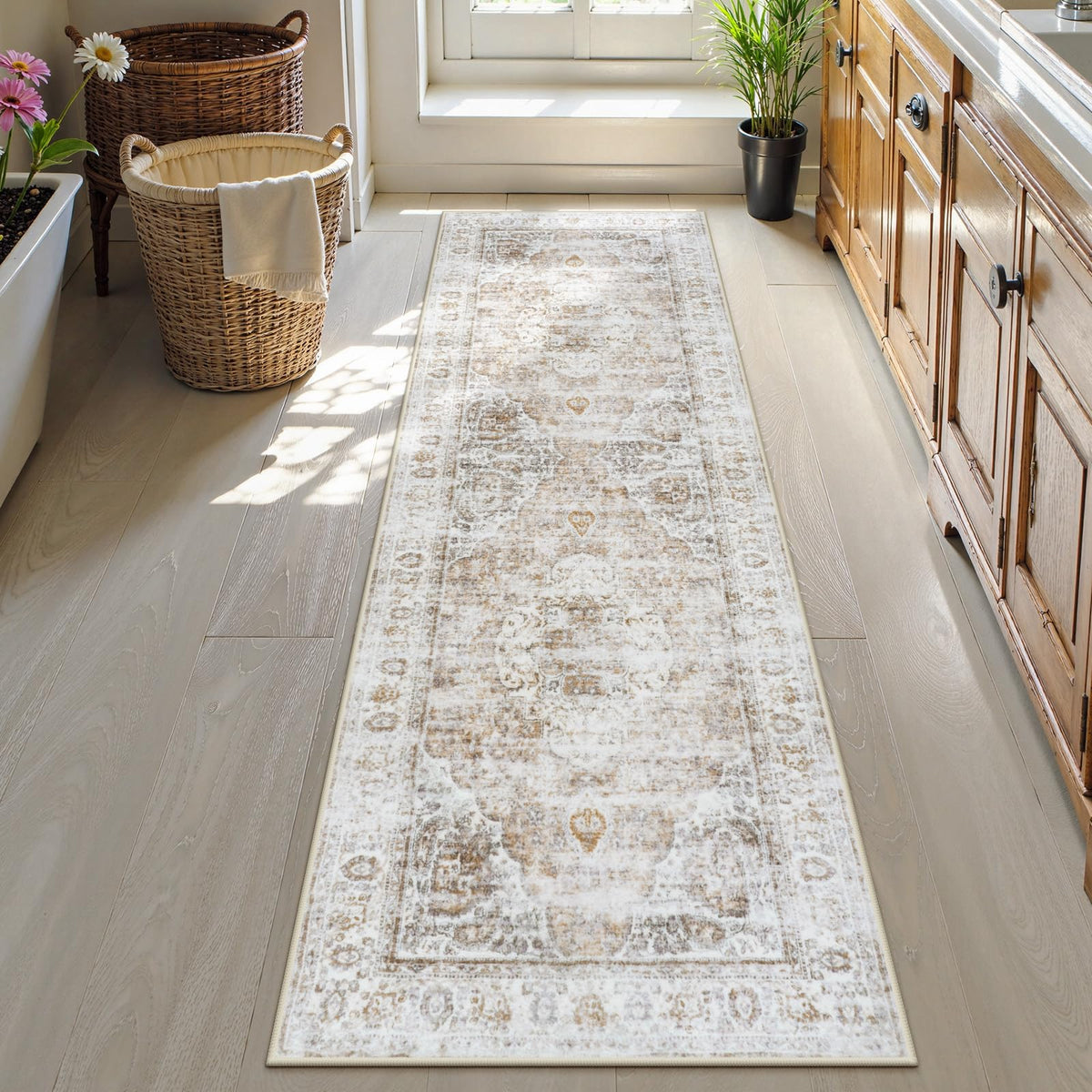 Uphome Boho Small Bath Mat, Distressed Farmhouse Light Khaki Bath Rugs, Comfy Velvet Bathroom Rugs Non Slip Washable, Vintage Oriental Toilet Rug for Sink Shower Vanity, 18x26 inch