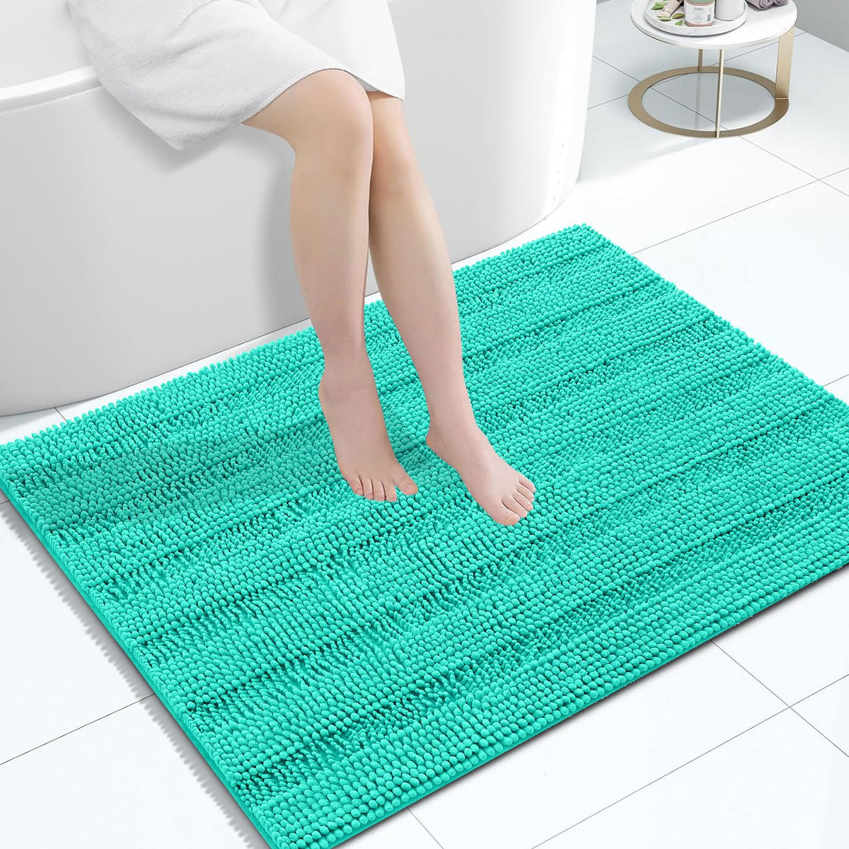 Grandaily Chenille Striped Bathroom Rugs 36x24, Extra Thick and Absorbent Bath Mats, Non-Slip Soft Plush Shaggy Shower Carpet, Machine Wash Dry, Bath Rug for Bathroom, (Large, Light Grey)