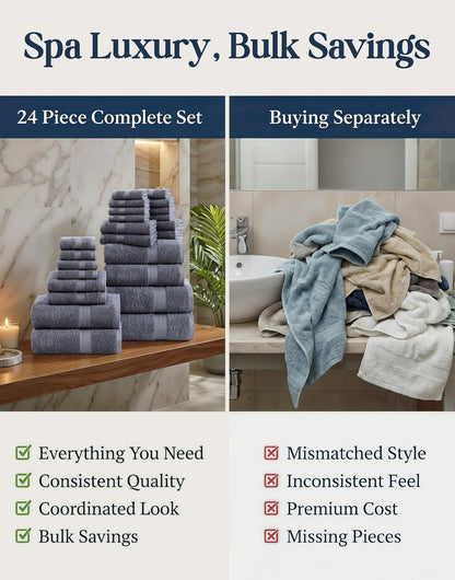LANE LINEN 100% Cotton Bath Towels Set - 24 PCs - Durable, Quick Dry, Super Soft & Highly Absorbent - 4 Bath, 4 Fingertip, 6 Hand Towels, 8 Washcloths, 2 Bath Sheets - Perfect Family Set - Cool Grey