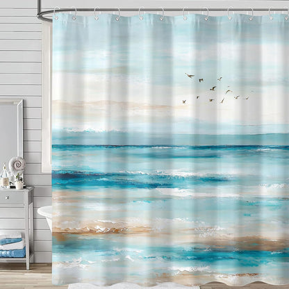 Accnicc Abstract Beach Shower Curtain Ocean Art Oil Painting Shower Curtains for Bathroom Teal Blue Coastal Seagull Waterproof Fabric Bath Curtain Decor 72 X 72 Inches