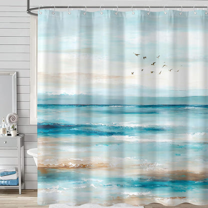 Accnicc Abstract Beach Shower Curtain Ocean Art Oil Painting Shower Curtains for Bathroom Teal Blue Coastal Seagull Waterproof Fabric Bath Curtain Decor 72 X 72 Inches