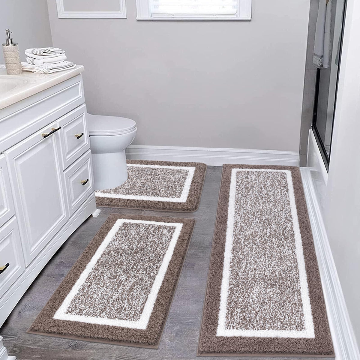 Pauwer Bathroom Rugs 3 Piece Set, Non Slip Washable Bath Mat, Dark Grey