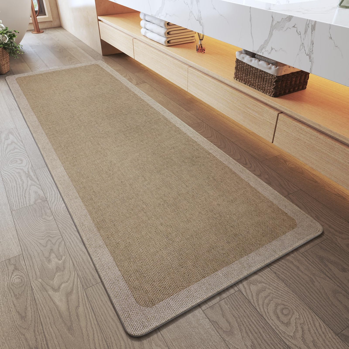 YDKGL Half Circle Bath Mat, Non Slip Thin Bathroom Rugs, Brown 16x24