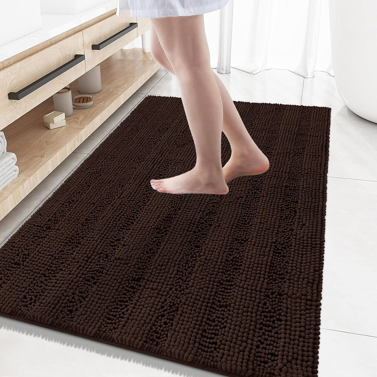 Grandaily Chenille Striped Bathroom Rugs 36x24, Extra Thick and Absorbent Bath Mats, Non-Slip Soft Plush Shaggy Shower Carpet, Machine Wash Dry, Bath Rug for Bathroom, (Large, Light Grey)