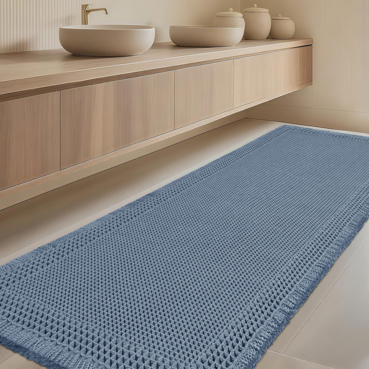 Upgrade Waffle Bath Mat Set 2 Piece, Boho Bathroom Rugs Absorbent Non Slip, Ultra Soft Bathroom Mat, Machine Washable Knit Bath Rugs with Herringbones for Bathroom, Bedroom, Kitchen, Shower, White