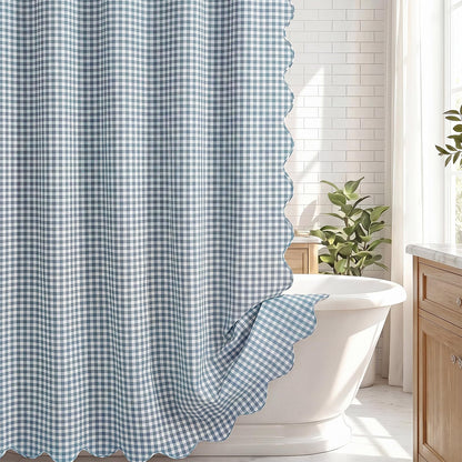 HunnmingRe Ruffle Hem Gingham Shower Curtain Sage Green