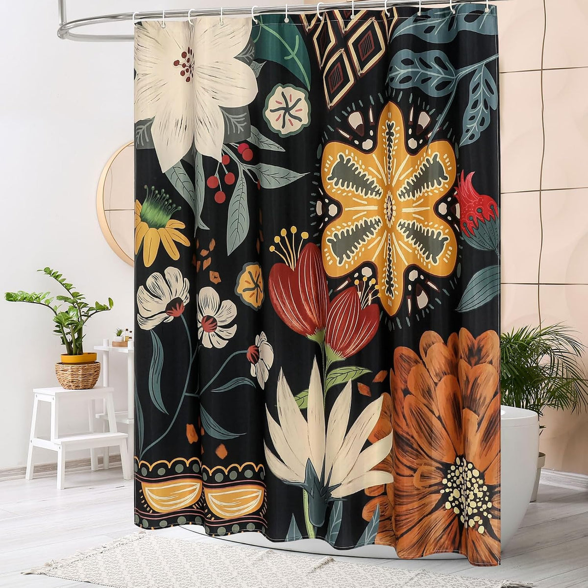 Boho Floral Shower Curtain, Vintage Botanical Fabric Curtain, 72 x 72