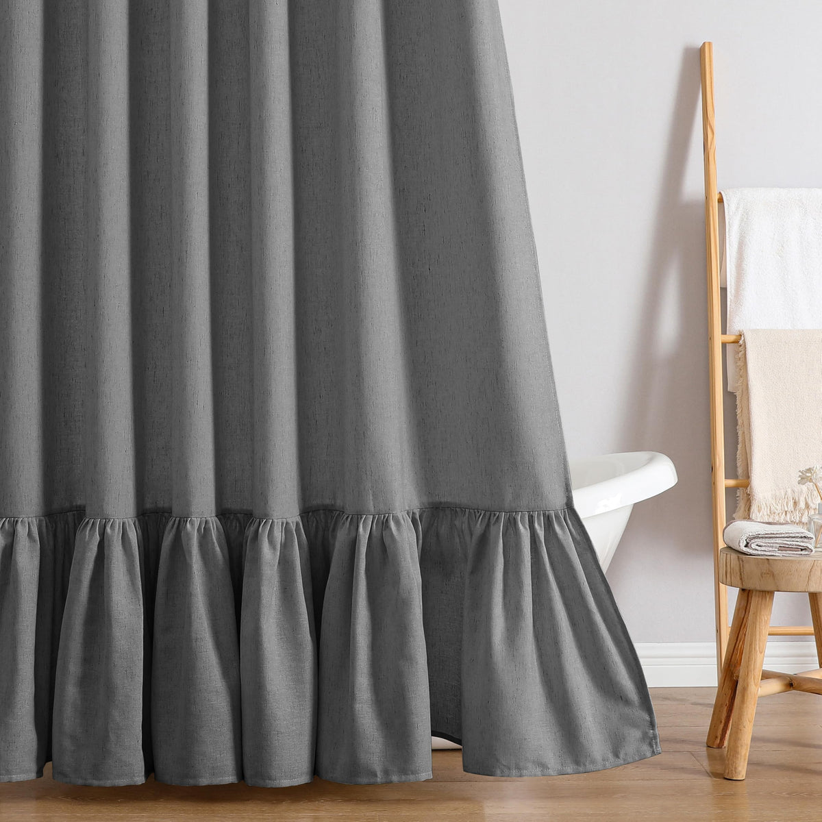 QiyI Boho Ruffle Shower Curtain, Linen Blend Fabric, Natural, 72 x 72