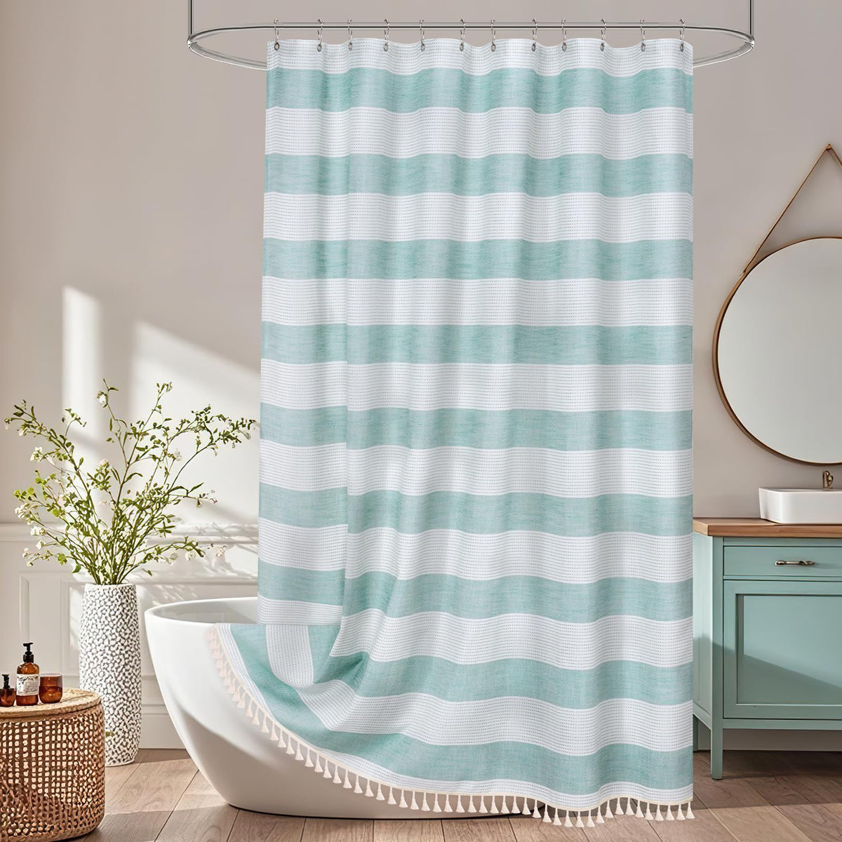 Seenus Linen Look Farmhouse Thick Fabric Shower Curtain Brown, Faux Linen Textured Country Rustic Shower Curtains Water-Resistant, 72 x 72 Inch Tan Taupe Heavyweight Shower Curtain for Bathroom Hotel