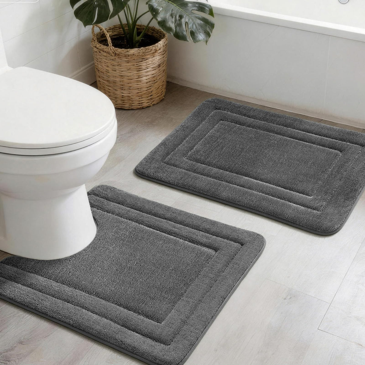 YIHOUSE 2-Piece Towel-Like Memory Foam Bathroom Rug Set, Dark Grey