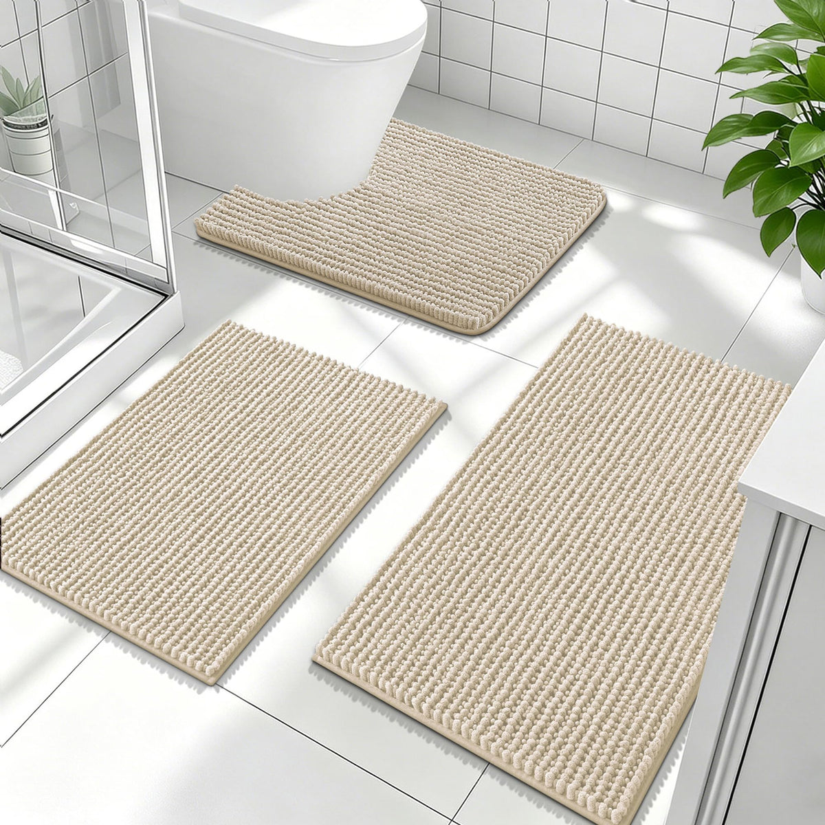 OLANLY Bathroom Rugs Sets 3 Piece, Super Soft Absorbent Chenille Bath Mats and U-Shaped Toilet Rug, Quick Dry, Home Decor, Bath Mat Set for Bathroom (24"x16"+24"x20"+30"x20", Grey)