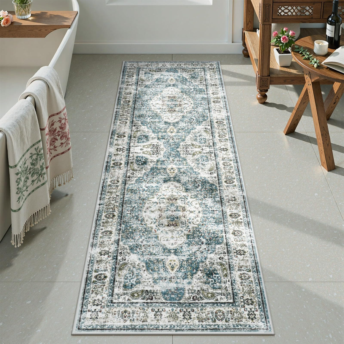 Uphome Boho Small Bath Mat, Distressed Farmhouse Light Khaki Bath Rugs, Comfy Velvet Bathroom Rugs Non Slip Washable, Vintage Oriental Toilet Rug for Sink Shower Vanity, 18x26 inch