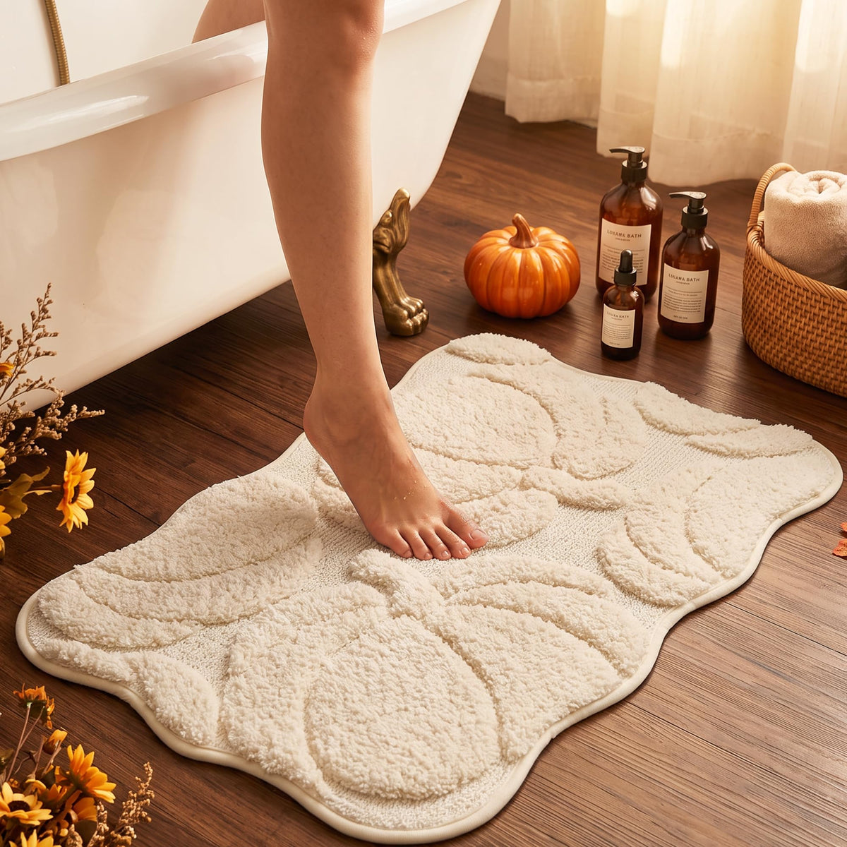 Luxury Fall Autumn Beige Cream Pumpkin Bathroom Mat, 17"x25" Extra Soft and Absorbent Microfiber Bath Rug, Non-Slip TPR Back, Plush Shaggy Bath Carpet for Floor
