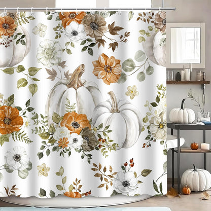 MEHOFOND Fall Pumpkin Shower Curtains for Bathroom Autumn Floral Shower Curtain Thanksgiving Day Shower Curtains for Bathroom Decor Washable Durable Fabric Curtains 72x72 inch