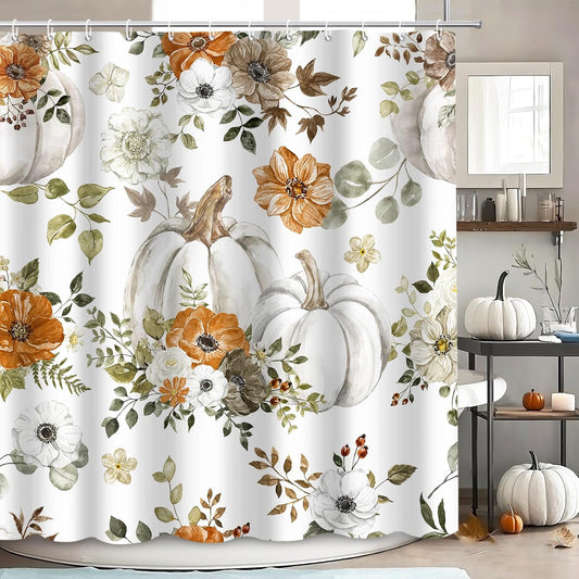 MEHOFOND Fall Pumpkin Shower Curtains for Bathroom Autumn Floral Shower Curtain Thanksgiving Day Shower Curtains for Bathroom Decor Washable Durable Fabric Curtains 72x72 inch