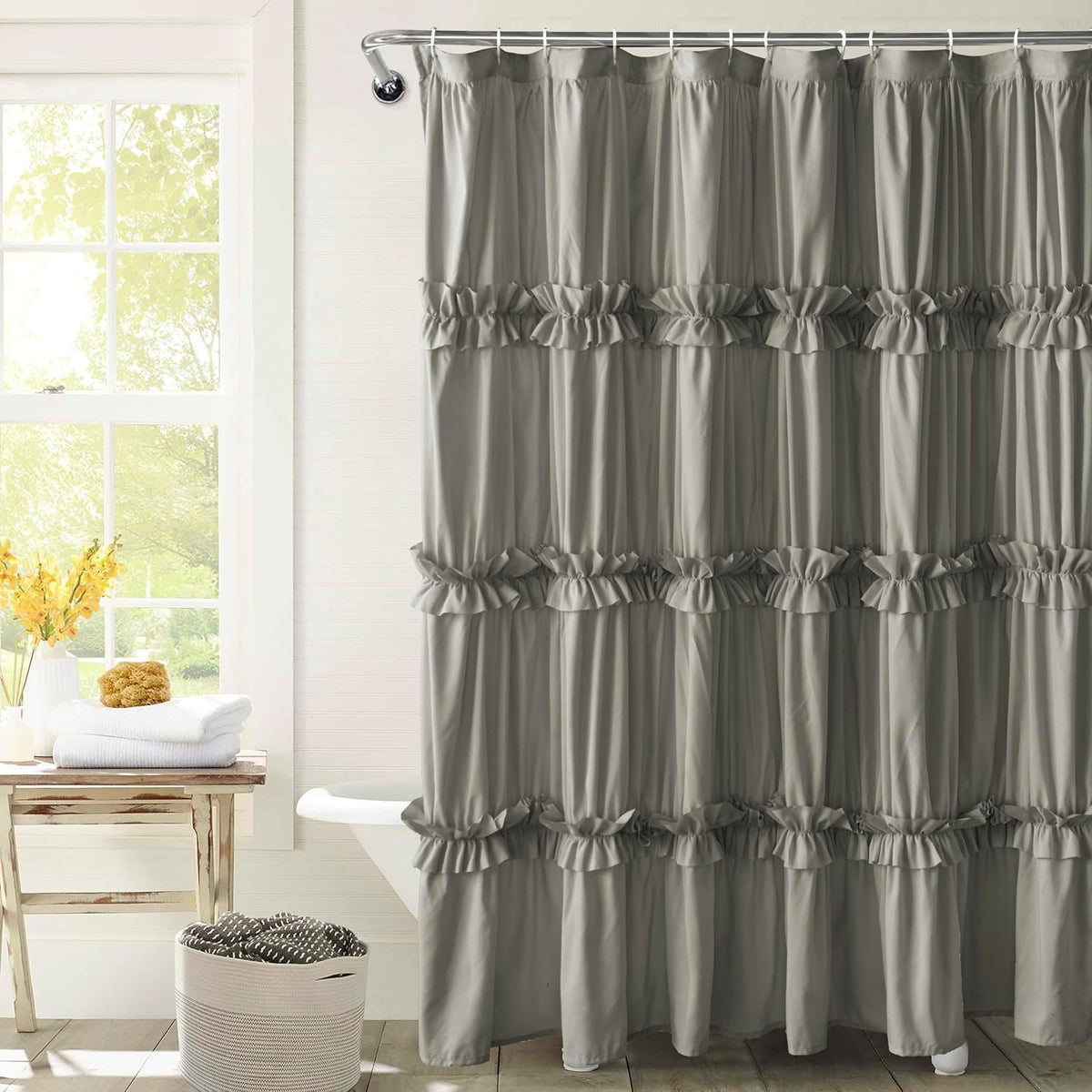 Farmhouse Ruffle Shower Curtain, Gray, 72 x 72 in