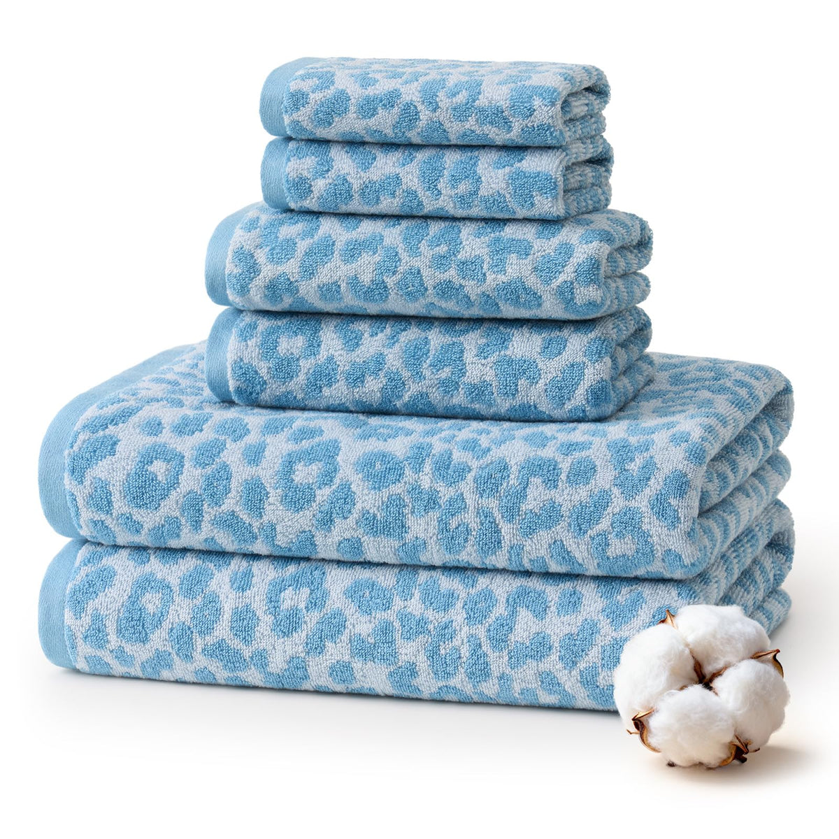 REDKISS Leopard Print Towel Set of 6,100% Cotton Bathroom Towels,Quick Dry & Absorbent,2 Bath Towel, 2 Hand Towel, 2 Washcloth-Dark Brown