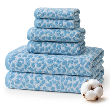 REDKISS Leopard Print Towel Set of 6,100% Cotton Bathroom Towels,Quick Dry & Absorbent,2 Bath Towel, 2 Hand Towel, 2 Washcloth-Dark Brown