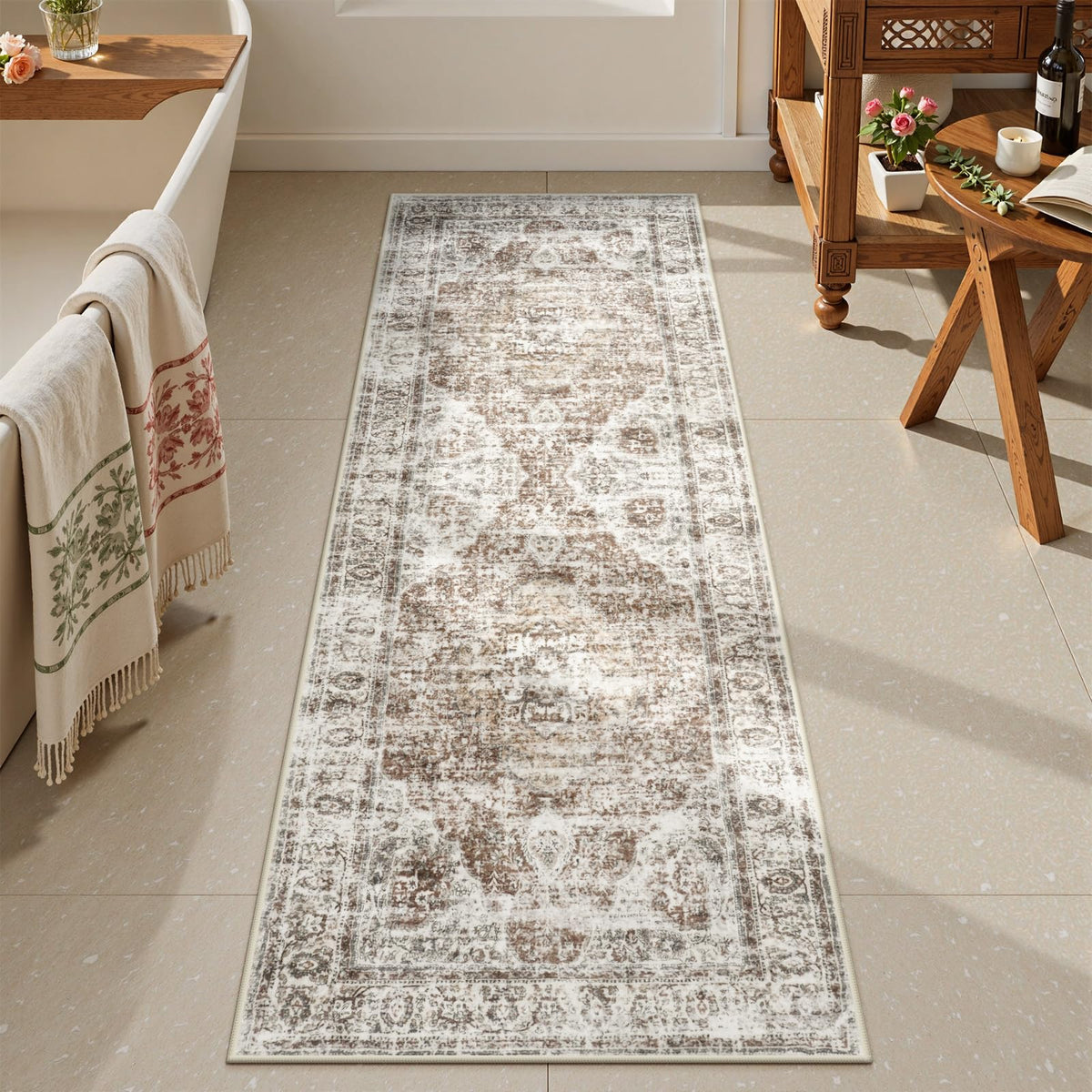 Uphome Boho Small Bath Mat, Distressed Farmhouse Light Khaki Bath Rugs, Comfy Velvet Bathroom Rugs Non Slip Washable, Vintage Oriental Toilet Rug for Sink Shower Vanity, 18x26 inch