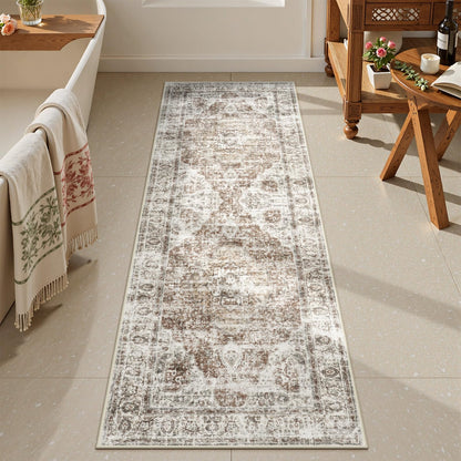 Uphome Boho Small Bath Mat, Distressed Farmhouse Light Khaki Bath Rugs, Comfy Velvet Bathroom Rugs Non Slip Washable, Vintage Oriental Toilet Rug for Sink Shower Vanity, 18x26 inch