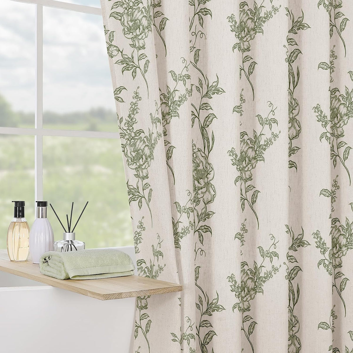 Sage Linen Farmhouse Shower Curtain, Boho Floral Bathroom 72x72
