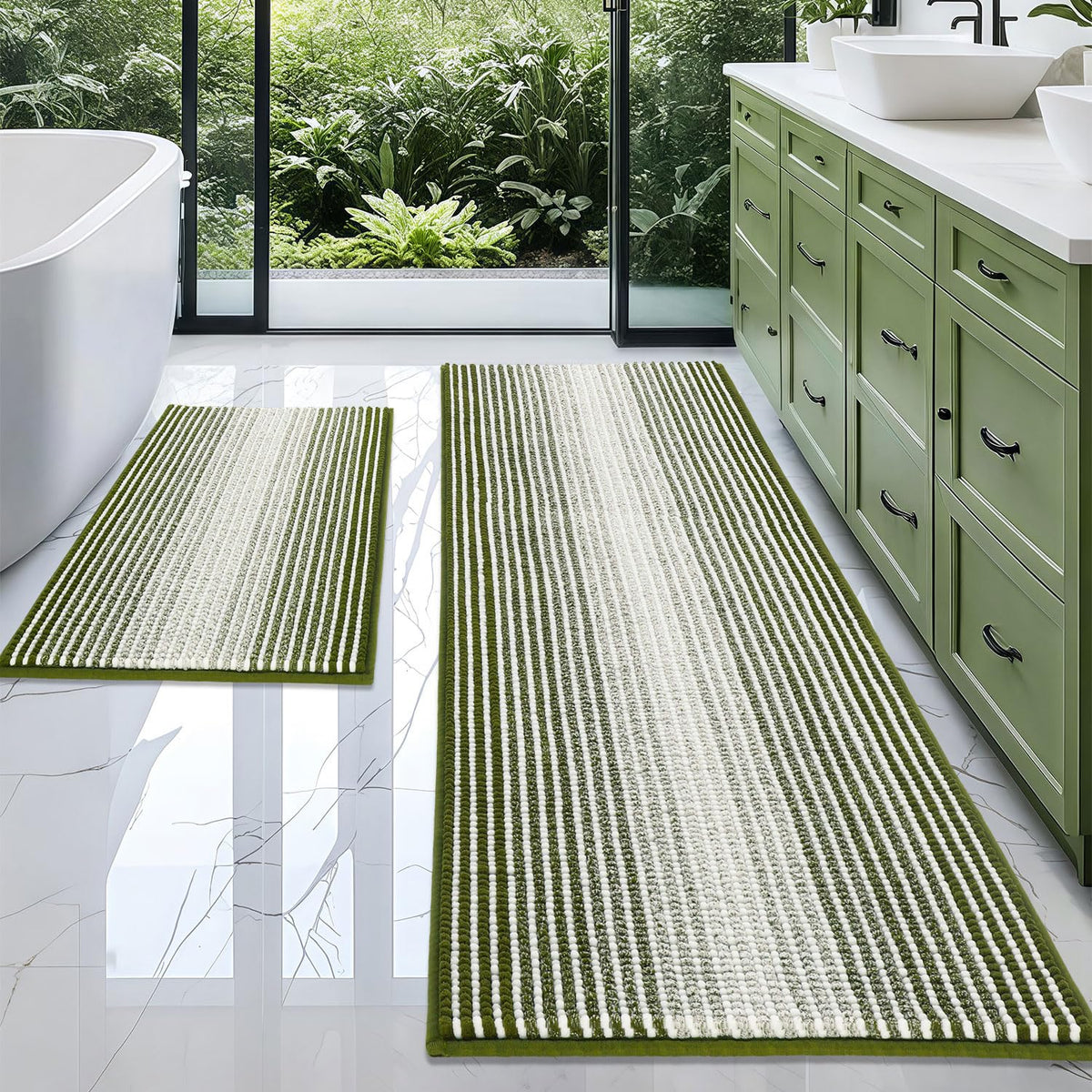 BSICPRO Bathroom Rugs Sets 2 Piece, Non Slip Striped Bath Mats, Fog Blue
