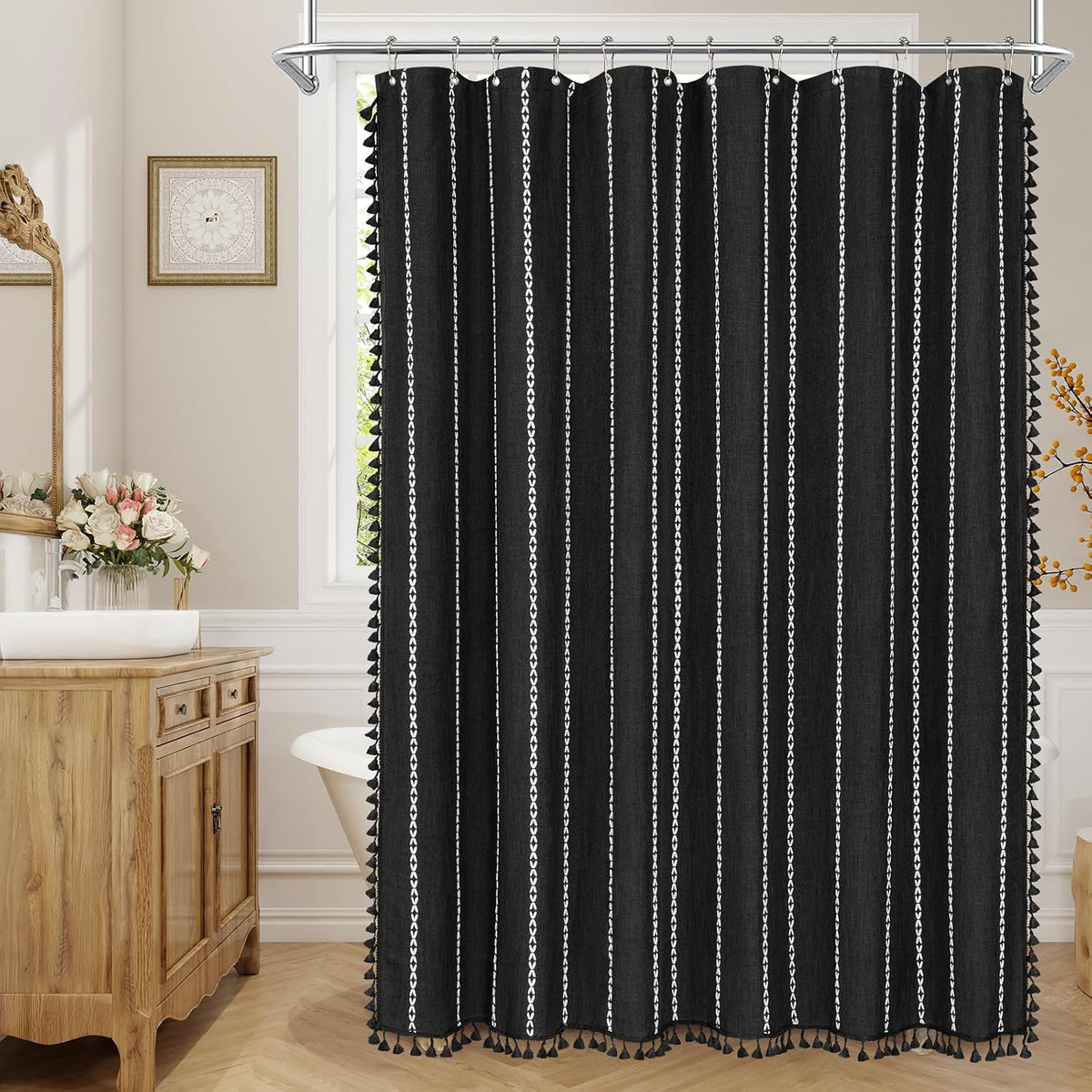 Boho Farmhouse Tassel Linen Shower Curtain,3D Embroidery Stripe Black,72x72