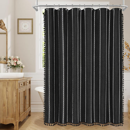 Boho Farmhouse Tassel Linen Shower Curtain,3D Embroidery Stripe Black,72x72