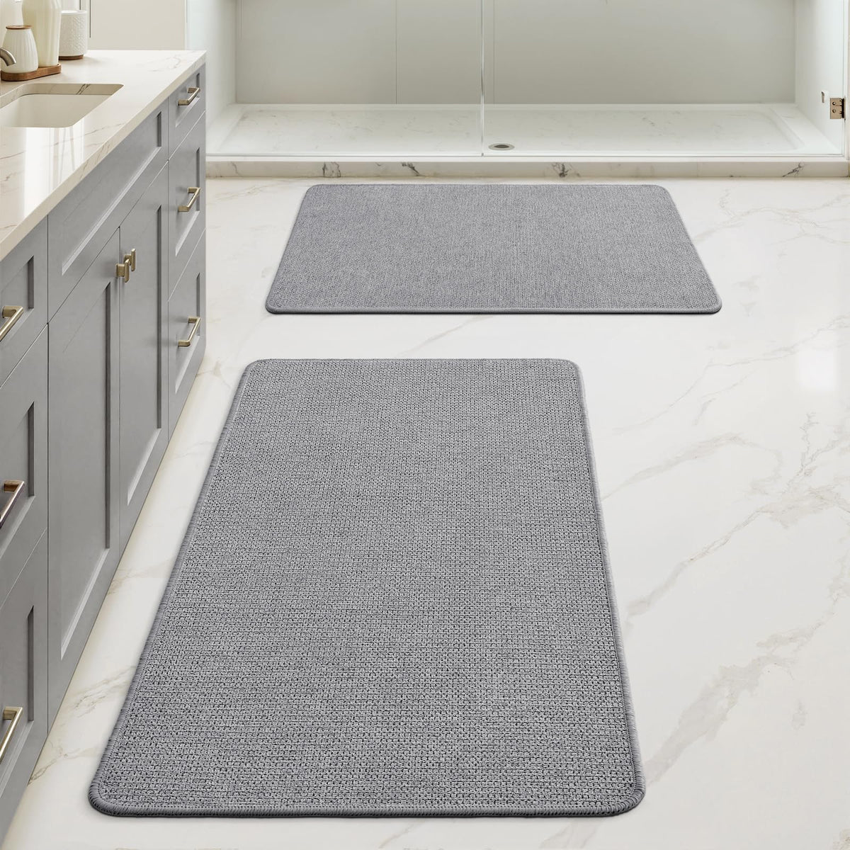 MIULEE Bathroom Rugs Set 2 Pieces, Thin Bath Mats Beige 17"x27"+20"x32"