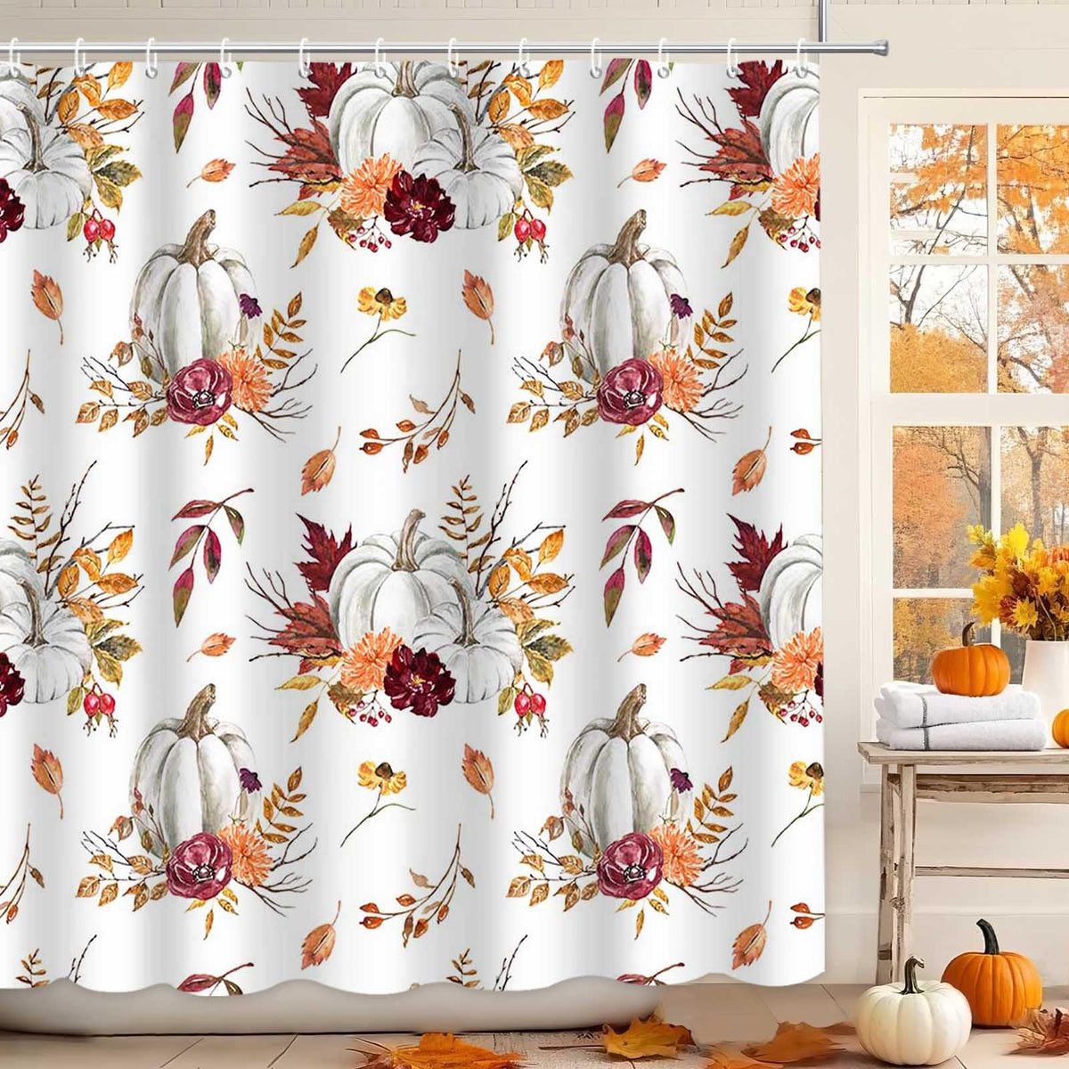 MEHOFOND Autumn Pumpkin Shower Curtain Maple Leaves Floral Bath Curtain