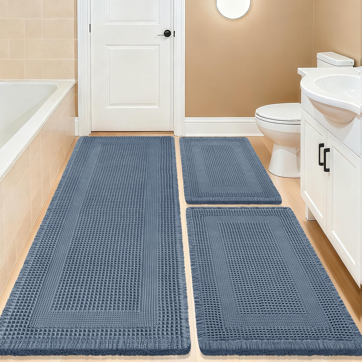 Upgrade Waffle Bath Mat Set 2 Piece, Boho Bathroom Rugs Absorbent Non Slip, Ultra Soft Bathroom Mat, Machine Washable Knit Bath Rugs with Herringbones for Bathroom, Bedroom, Kitchen, Shower, White