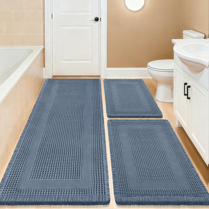 Upgrade Waffle Bath Mat Set 2 Piece, Boho Bathroom Rugs Absorbent Non Slip, Ultra Soft Bathroom Mat, Machine Washable Knit Bath Rugs with Herringbones for Bathroom, Bedroom, Kitchen, Shower, White