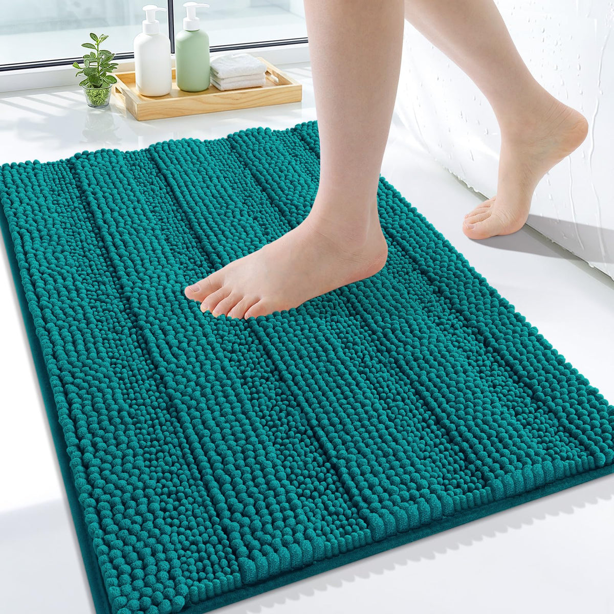 Grandaily Chenille Striped Bathroom Rugs 36x24, Extra Thick and Absorbent Bath Mats, Non-Slip Soft Plush Shaggy Shower Carpet, Machine Wash Dry, Bath Rug for Bathroom, (Large, Light Grey)