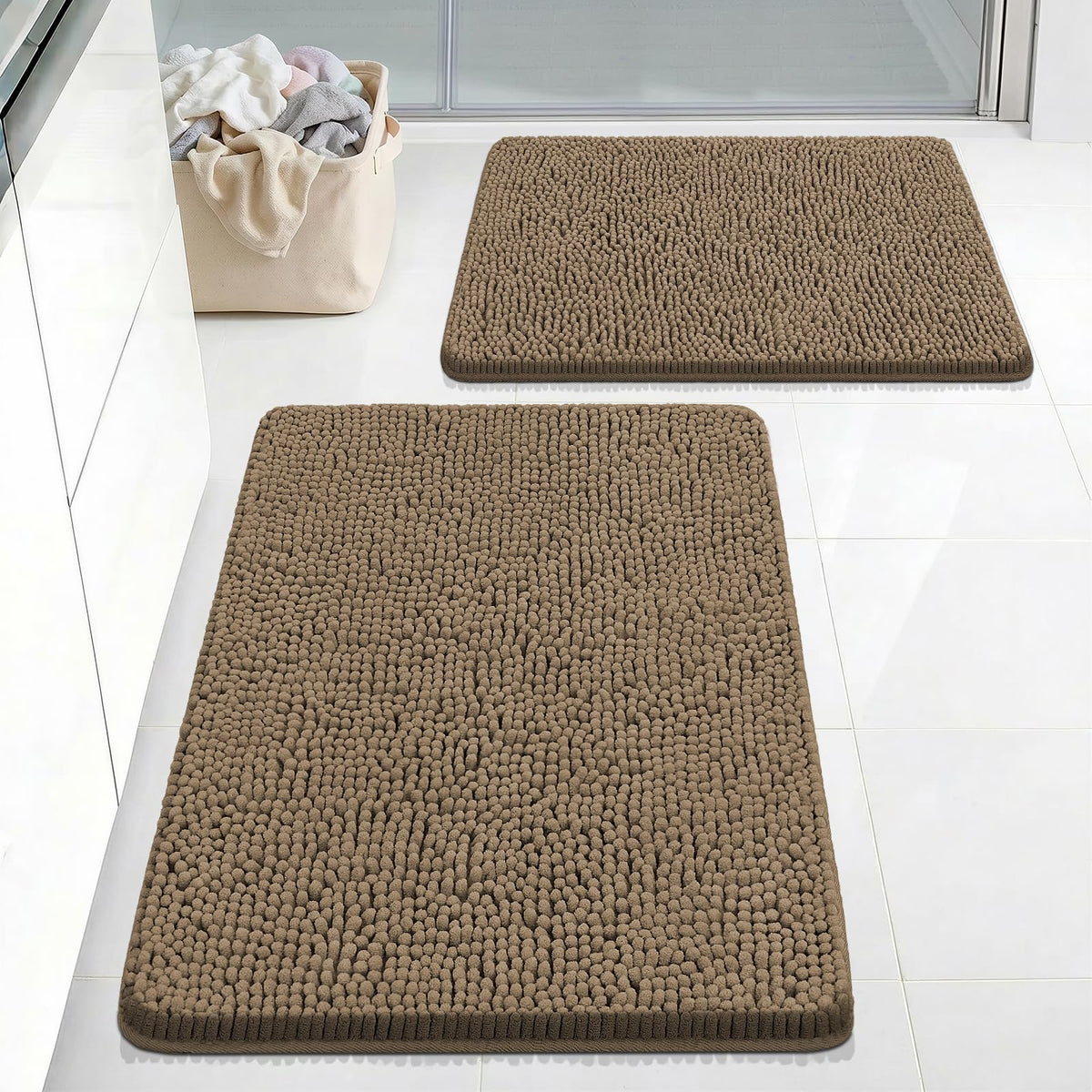 Bcoimo Small Bath Rug Mat,24x17 Chenille High Absorbent Latte Bathroom Mats