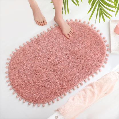 YIRDDEO Oval Rug for Bathroom, Cute Boho Bath Mat with Pom, Olive Green
