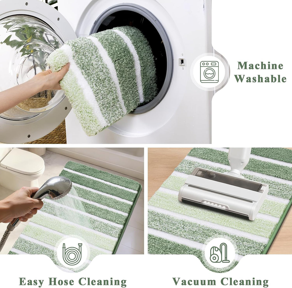 Yamaziot Sage Green Bathroom Rug Set 5 Piece Washable Non Slip Striped Mat