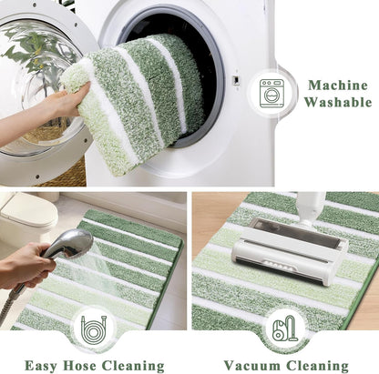 Yamaziot Sage Green Bathroom Rug Set 5 Piece Washable Non Slip Striped Mat